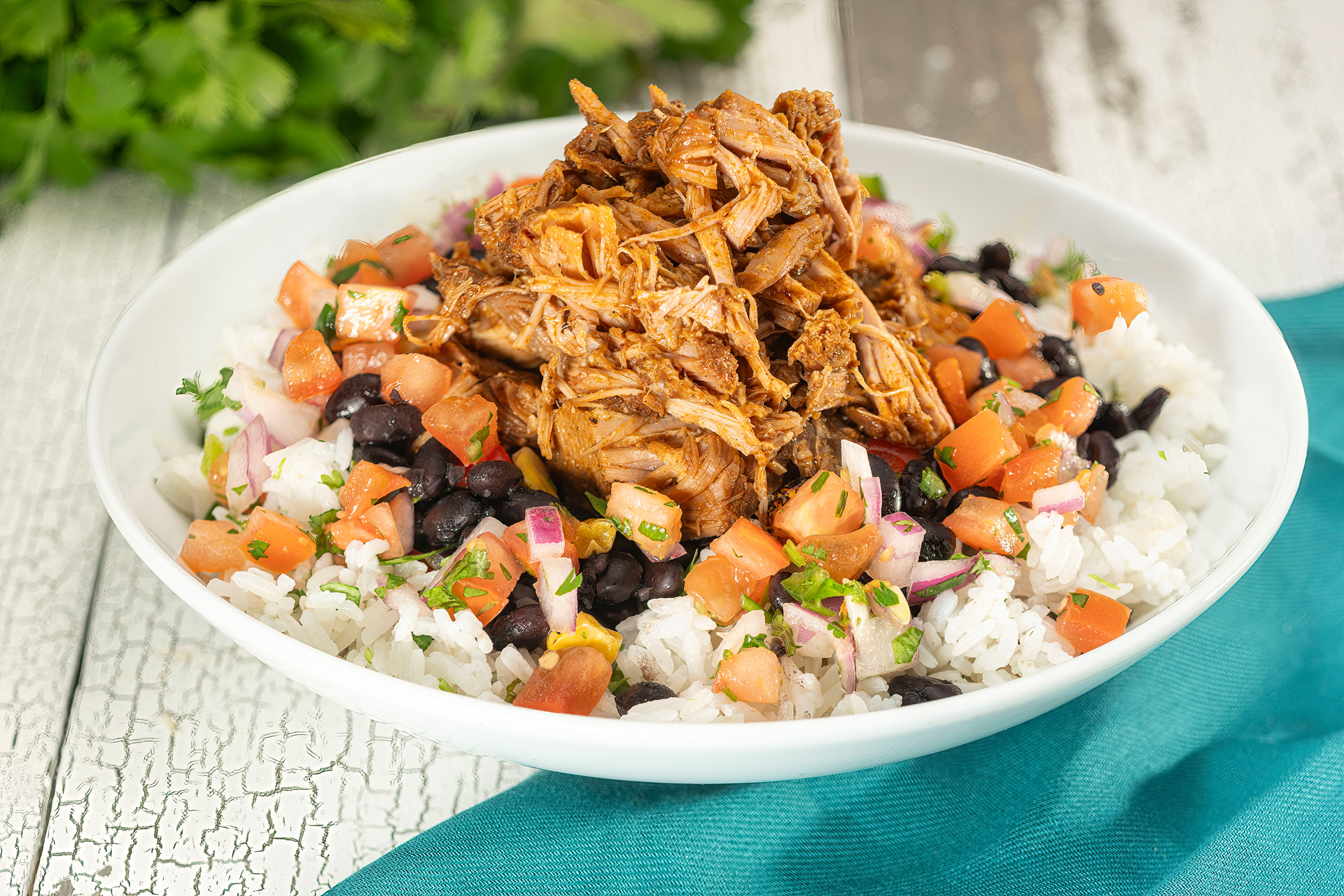 Braised pulled pork bowl.