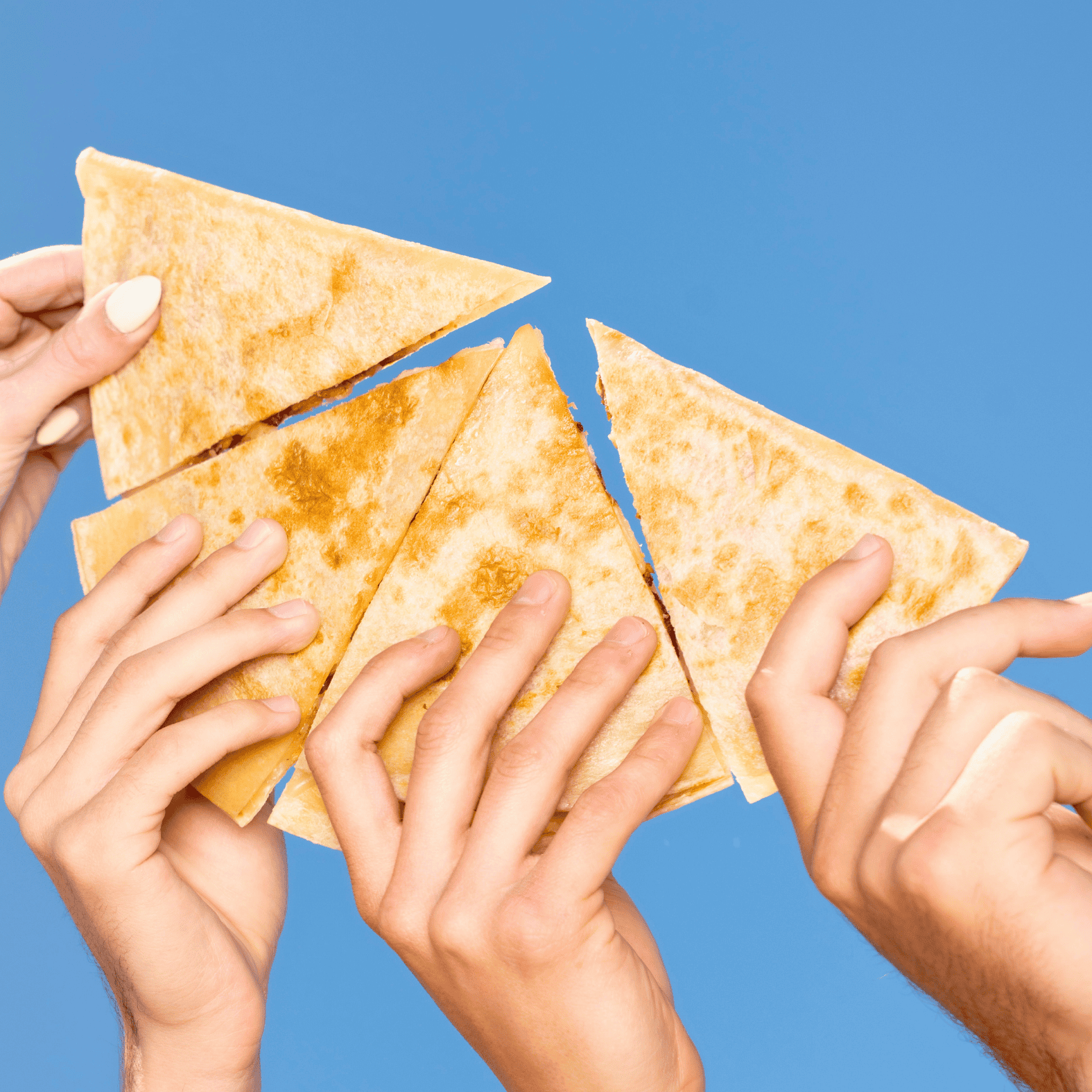 Four friends doing a cheers with their quesadillas under a clear blue sky.